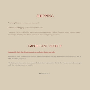 May include: A cream-colored page with the headline "How to Order" in a dark red font. The text provides instructions on how to order, including selecting size, color, and personalization. Additional notes clarify order fulfillment and personalization details.