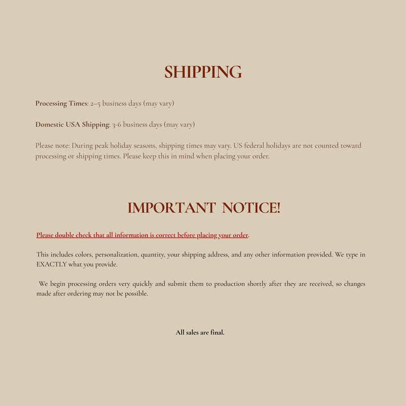 May include: A cream-colored page with the headline "How to Order" in a dark red font. The text provides instructions on how to order, including selecting size, color, and personalization. Additional notes clarify order fulfillment and personalization details.