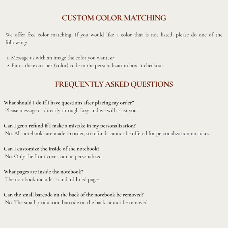 Customization and frequently asked questions information card for personalized hardcover notebook, monogram journal details, custom color matching guide, initials personalization instructions, notebook ordering help, stationery FAQ sheet, product customization options, gift order information, and premium notebook buyer guide for personalized stationery shoppers.