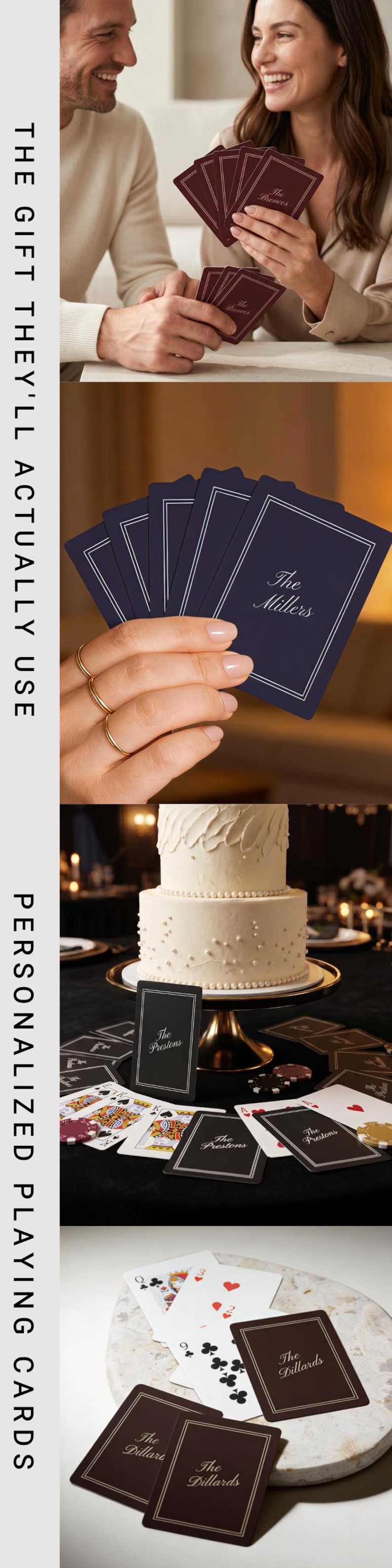 Personalized custom playing cards with family name printed on card back, unique wedding gift or bridal shower gift, custom card deck for game night, monogram playing cards in navy, burgundy, and black, personalized housewarming or anniversary gift for couples.
