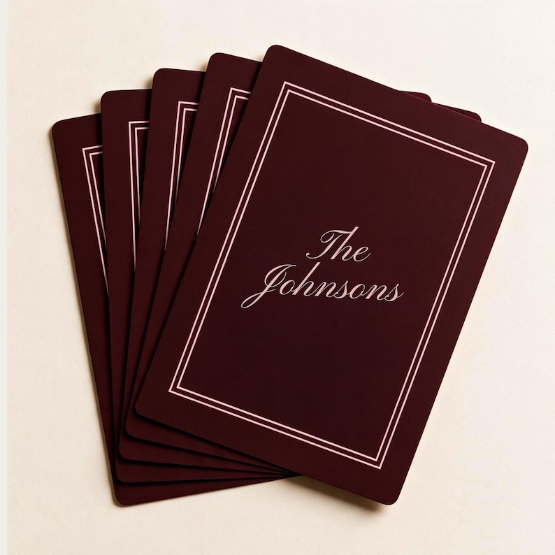 Personalized Playing Cards Custom Family Name Premium Card Deck Game Night Essential Dark Green Background Elegant Border Design Standard Poker Size Quality Cardstock Luxury Gift Acrylic Display Case Perfect Anniversary Present Home