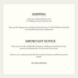 May include: Text on a cream background reads "Shipping" in a decorative font. Below, text details processing and shipping times, including domestic and international options. The text also includes a note about potential shipping delays during peak holiday seasons.