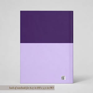 May include: A rectangular notebook featuring a two-tone color block design with a dark purple upper half and a light lavender lower half. The back cover includes a small square QR code in the bottom right corner, measuring 8.07 inches by 5.71 inches.