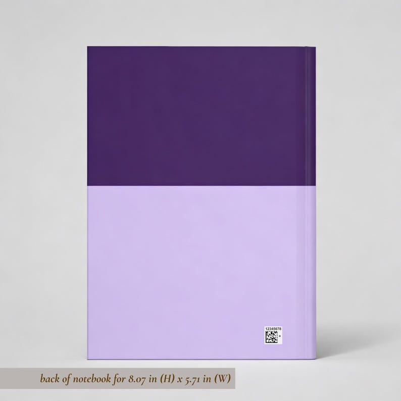 May include: A rectangular notebook featuring a two-tone color block design with a dark purple upper half and a light lavender lower half. The back cover includes a small square QR code in the bottom right corner, measuring 8.07 inches by 5.71 inches.