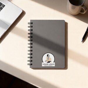 professional desk notebook mockup personalized spiral journal on office workspace, custom business notebook with logo on clean neutral desk, executive writing pad styled flat lay office stationery, branded spiral notebook elegant workspace mockup, corporate journal gift for professionals, office desk planner notebook aesthetic, personalized business stationery desk scene, minimal executive notebook office photo