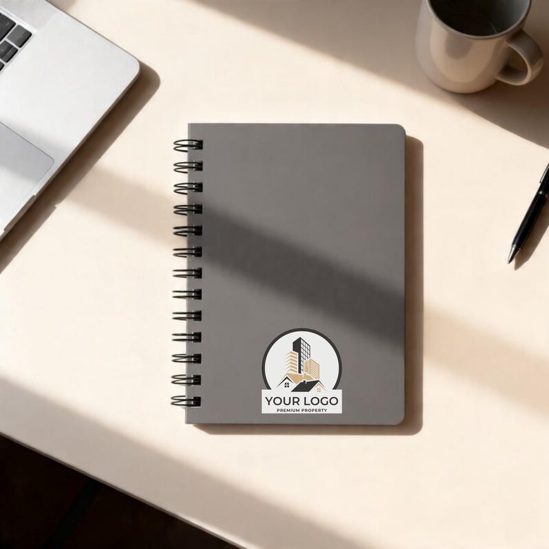 professional desk notebook mockup personalized spiral journal on office workspace, custom business notebook with logo on clean neutral desk, executive writing pad styled flat lay office stationery, branded spiral notebook elegant workspace mockup, corporate journal gift for professionals, office desk planner notebook aesthetic, personalized business stationery desk scene, minimal executive notebook office photo