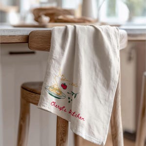 Personalized Kitchen Towel Italian Design Pasta Illustration Custom Embroidery Mediterranean Style Cooking Accessory Decorative Textile Cotton Polyester Blend Durable Fabric Efficient Drying Perfect Housewarming Gift Culinary Enthusiast
