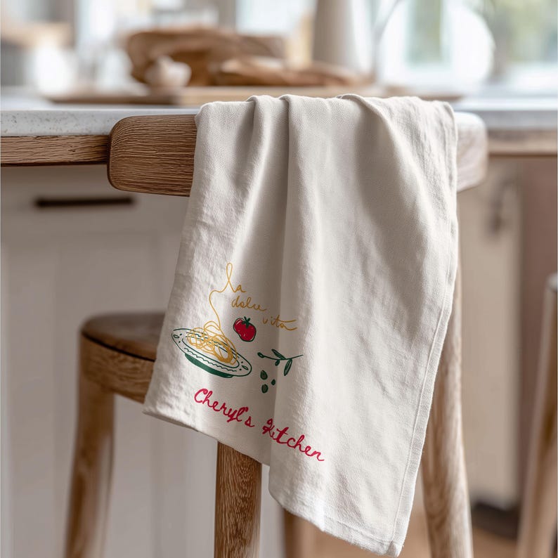 Personalized Kitchen Towel Italian Design Pasta Illustration Custom Embroidery Mediterranean Style Cooking Accessory Decorative Textile Cotton Polyester Blend Durable Fabric Efficient Drying Perfect Housewarming Gift Culinary Enthusiast