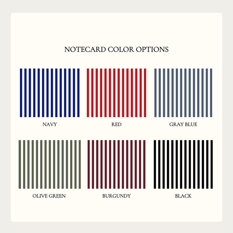 May include: A color chart featuring six color swatches: black, navy, burgundy, red, olive, and gray blue. Each swatch is labeled with its corresponding color name in a clean, minimalist design. The title "Color Chart" is displayed at the top.