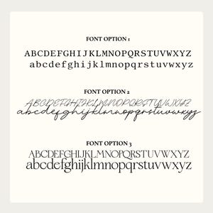 以下が含まれることがあります： 明るい背景に黒い文字で3つのフォントオプションを表示したタイポグラフィチャート。各オプションには大文字と小文字のアルファベット全体が含まれています。各セットの上にFONT OPTION 1、FONT OPTION 2、FONT OPTION 3というラベルが表示されています。