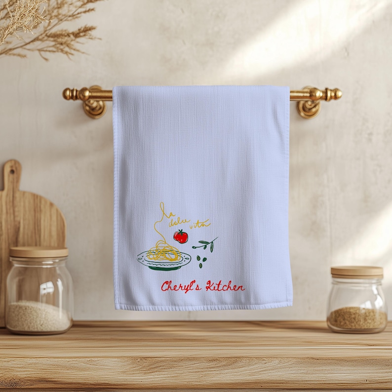Custom Embroidery Towel Mediterranean Kitchen Textile Italian Design Elements Pasta Illustration Details Personalized Name Feature Cotton Polyester Blend Durable Fabric Quality Efficient Drying Material Perfect Housewarming Gift Culinary