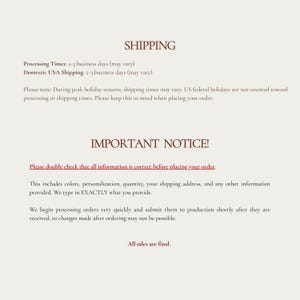 Order processing and delivery information guide for custom playing cards, shipping timeline details, USA delivery estimate, holiday turnaround notice, personalization accuracy reminder, final sale policy, order confirmation instructions, custom gift production timeframe, important checkout details, made to order product notice, buyer information graphic, delivery expectations and order policy sheet, personalized product shipping FAQ for Etsy listing