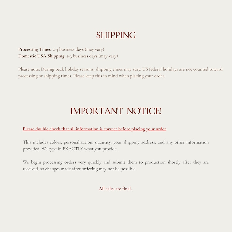 Order processing and delivery information guide for custom playing cards, shipping timeline details, USA delivery estimate, holiday turnaround notice, personalization accuracy reminder, final sale policy, order confirmation instructions, custom gift production timeframe, important checkout details, made to order product notice, buyer information graphic, delivery expectations and order policy sheet, personalized product shipping FAQ for Etsy listing