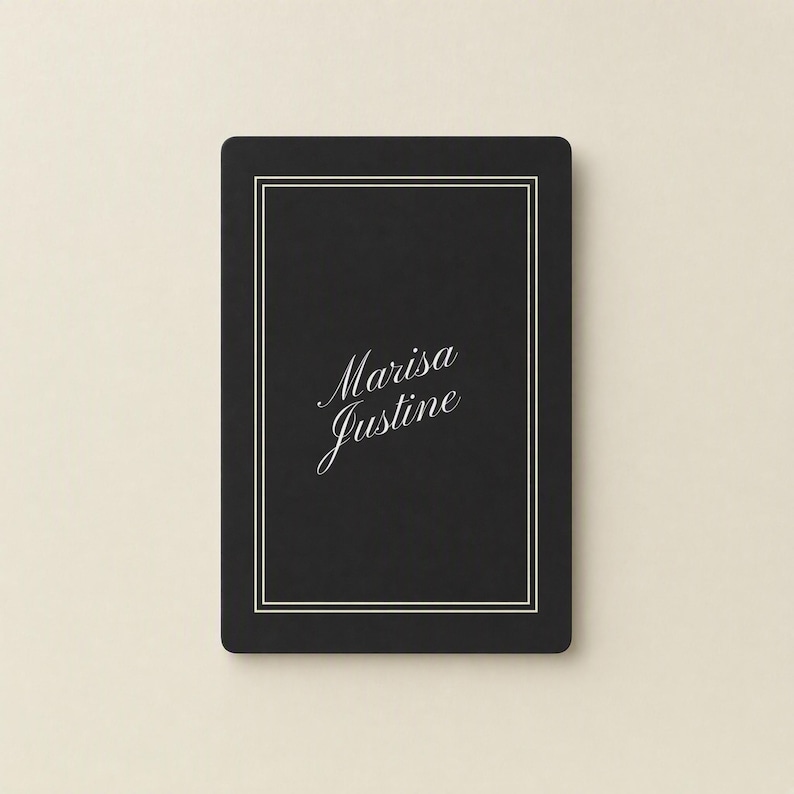 Personalized custom playing cards with printed first and middle name, black and cream monogram card deck, unique bridesmaid or birthday gift, custom name playing cards for game night, personalized gift for her with elegant script lettering.