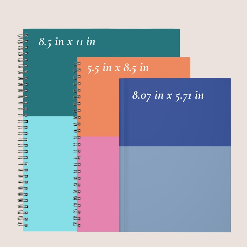 May include: Three notebooks with color-blocked covers. The largest is teal and light blue, 8.5 in x 11 in. The middle is orange and pink, 5.5 in x 8.5 in. The smallest is dark blue and light blue, 8.07 in x 5.71 in. Two have spiral bindings.