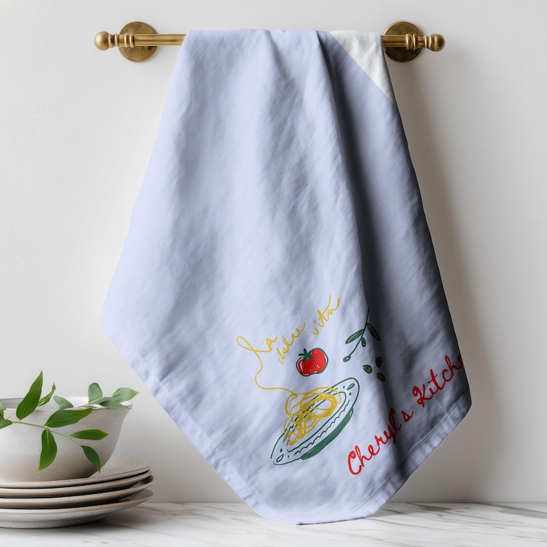 Personalized pasta kitchen towel with custom name embroidery, Italian cooking gift, elegant hostess present, luxury kitchen linen, housewarming gift for women, custom tea towel for home chefs, foodie decor, bridal shower present, realtor client closing gift, Airbnb kitchen styling, neutral modern farmhouse accent, baking lover gift, anniversary surprise, dinner party host gift, newlywed kitchen essential, apartment warming present, stylish countertop decor.