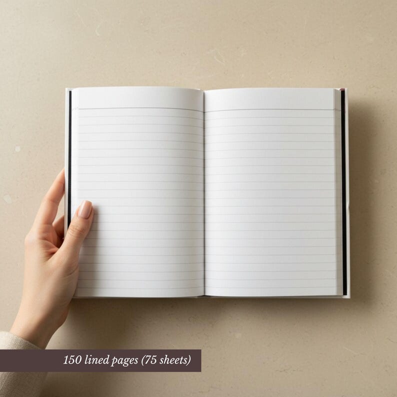 Notebook size chart visual showing hardback journal dimensions with height 8.07 inches and width 5.71 inches displayed beside a blank matte hardcover book, featuring casewrap binding, 150 lined pages, durable construction, and full wraparound print layout design. Perfect for personalized notebook gifts, professional writing journal, custom stationery, student planner, daily note taking, minimalist premium office supplies.