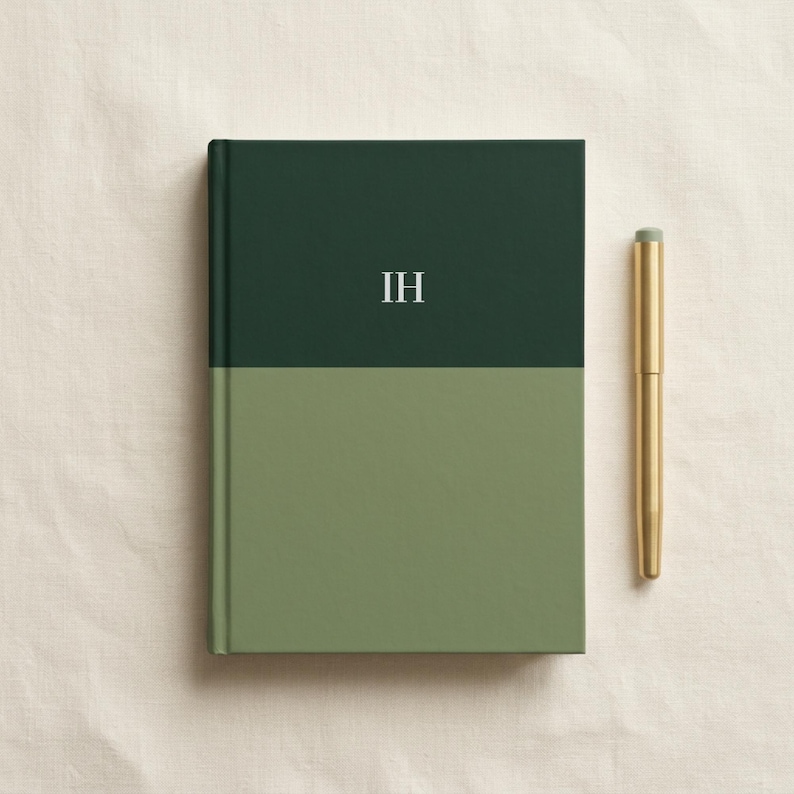 Flat lay of a personalized green and sage color block hardcover notebook with gold monogram initials and matching pen on a soft neutral fabric background, luxury stationery gift, custom journal, elegant office desk accessory, premium writing notebook, modern monogram planner, personalized note taking journal, aesthetic school notebook, gift for professionals, bridesmaid proposal gift, office organization stationery, and high end paper goods for daily planning and journaling.