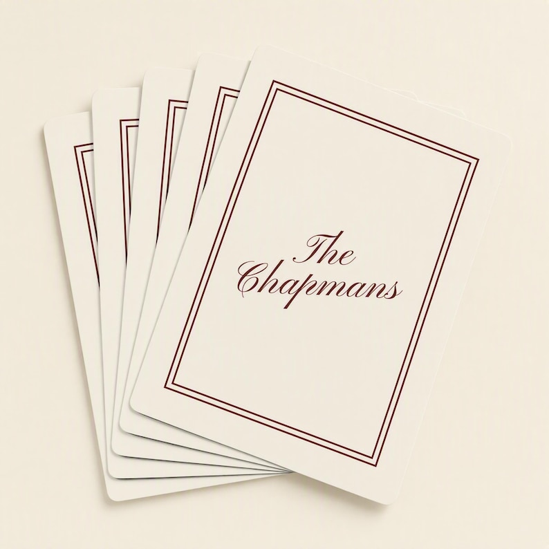 Personalized custom playing cards with family last name printed on card back, cream and burgundy monogram card deck, unique wedding gift or bridal shower gift, custom family name playing cards for game night, personalized housewarming or anniversary gift.