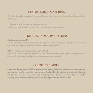 May include: A beige informational document with text about custom color matching, frequently asked questions, and a color disclaimer. The text explains how to request custom colors and revisions, and notes that colors may vary slightly.