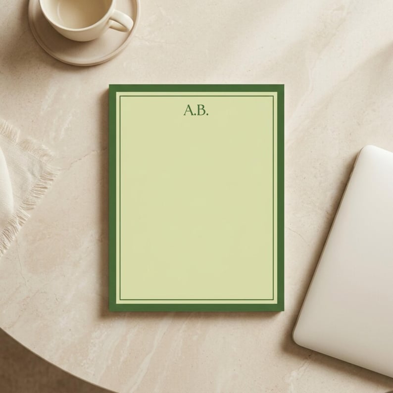 Office Organization Notepad Monogram Initial Personalized Set Custom Stationery Professional Writing Pad Desk Accessory Teacher Gift Pink Paper Tear Away Pages Practical Daily Use Note Taking Space Beautiful Border Design Elegant Style