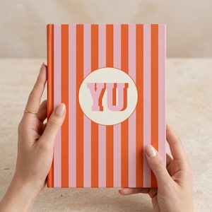 Orange and pink striped personalized notebook with custom initials printed on the front. Stylish monogrammed journal with lined perforated pages for writing, planning, or work notes. Aesthetic hardcover diary perfect for students, professionals, and creative writers. Custom name notebook for office, school, or journaling. Vibrant orange stripe stationery gift idea for teachers, coworkers, or friends who love unique personalized notebooks.