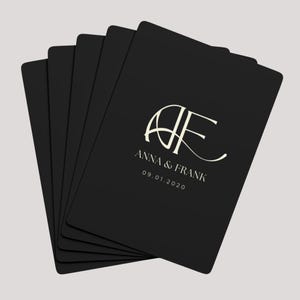 Puede incluir: Tarjetas negras con esquinas redondeadas, dispuestas en abanico. Las tarjetas presentan un monograma y los nombres "ANNA & FRANK" con la fecha "09.01.2020" en color claro. Ideales para bodas.