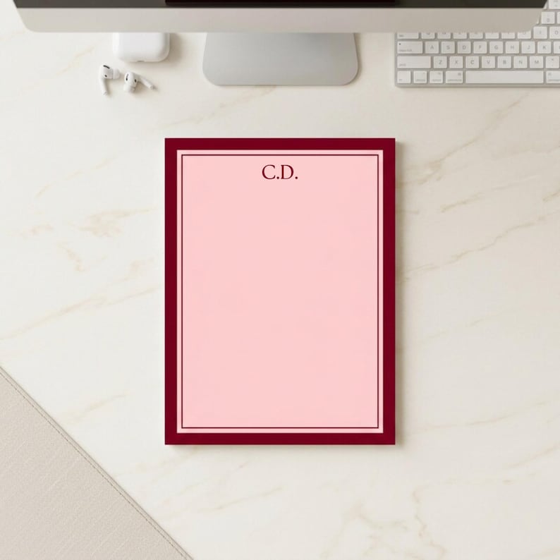 Monogram Notepad Set Custom Initial Personalized Stationery Gift Desk Accessory Office Organization Writing Pad Pink Paper Professional Use Daily Notes Tear Away Pages Border Design Elegant Style Teacher Gift Colleague Present Practical
