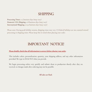 Shipping and order policy information card for personalized stationery, custom notebook, and made to order gift listing featuring processing time 2 to 5 business days, USA delivery 2 to 8 business days, international shipping 10 to 30 business days, holiday shipping notice, personalization accuracy reminder, custom order details confirmation, address verification instructions, made to order production timeline, order changes policy, final sale notice