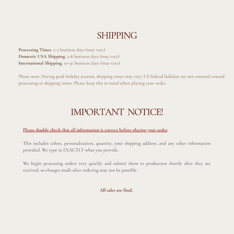 Shipping and order policy information card for personalized stationery, custom notebook, and made to order gift listing featuring processing time 2 to 5 business days, USA delivery 2 to 8 business days, international shipping 10 to 30 business days, holiday shipping notice, personalization accuracy reminder, custom order details confirmation, address verification instructions, made to order production timeline, order changes policy, final sale notice