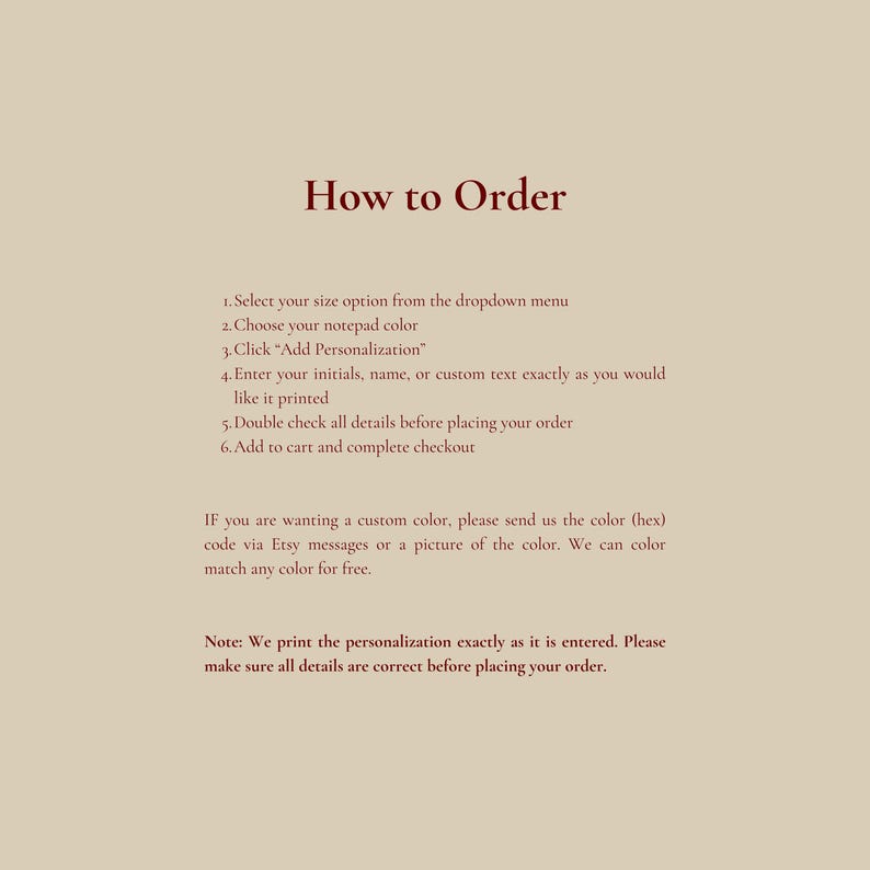 May include: A cream-colored page with the heading "SHIPPING" in a dark brown font. Text below details processing and shipping times within the USA, and a notice about order accuracy and final sales.