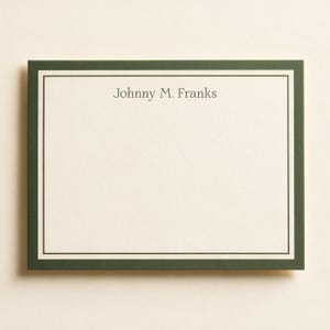 Personalized olive green bordered notecard with full name printed in classic serif font on a cream background.

Personalized name notecard, olive green bordered stationery, classic serif custom card, men's personalized notecard set, cream and green flat card design