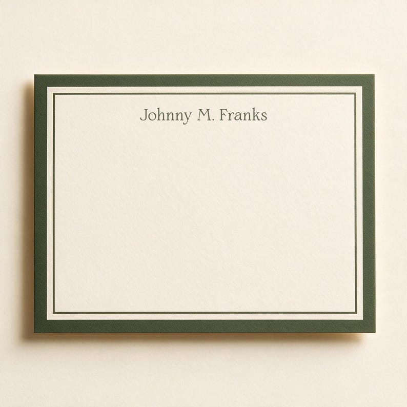 Personalized olive green bordered notecard with full name printed in classic serif font on a cream background.

Personalized name notecard, olive green bordered stationery, classic serif custom card, men's personalized notecard set, cream and green flat card design