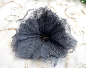 Cobweb Felted Poppy Flower Pin Corsage Brooch Womens or Wedding Fashion Peach Light Orange Sparkle