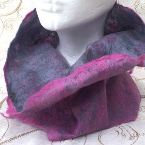 Pink Grey Gray Cowl Snood Silk and Wool Felted Handmade Felt Women's Fashion Gift
