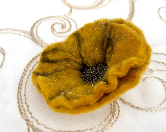 Mustard Gold Sparkle Poppy Flower Pin Corsage Brooch Womens or Wedding Fashion Handmade Felt