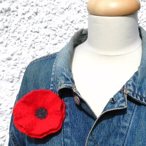Red Poppy Pin Brooch Corsage with Black Beads, Handmade Felt Remembrance, Memorial Charity Donation to Royal British Legion