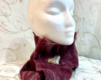 Dark Pink Cowl Snood Silk and Wool Felted Handmade Felt Women's Fashion Gift