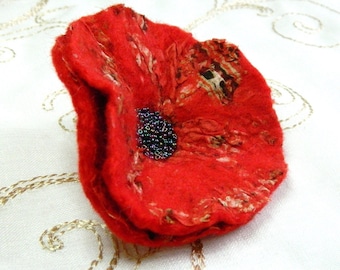 Red Felt and Silk Poppy Pin Corsage Brooch Womens Spring Summer Fashion Handmade Felt