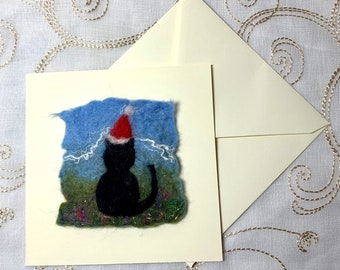 Handmade Felt Blank Card Black Cat in Santa Hat