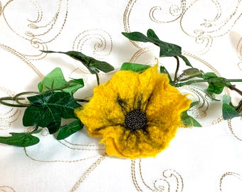 Cobweb Felted Poppy Flower Pin Corsage Brooch Womens or Wedding Fashion Yellow Mustard