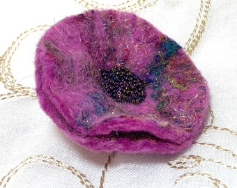 Pink Poppy Pin Brooch Corsage with Black Beads, Handmade Felt