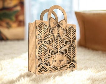 Laser Cut Gift Bag SVG Template, Wooden Bow, Floral Design (Digital Download)