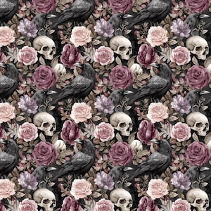 Puede incluir: Un patrón repetitivo con cuervos negros, calaveras y rosas en tonos de rosa, malva y burdeos. El diseño incluye varios elementos florales y un fondo oscuro, creando una estética gótica.