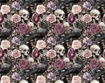 Retro flowers and skulls Cotton| Fabric | Festive Pattern | For Sewing & Crafts| Half Yard