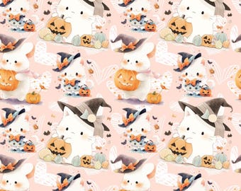 Süßer Halloween Geist Kürbis Baumwollstoff | Festliches Muster | Für Nähen & Basteln | Halber Hof