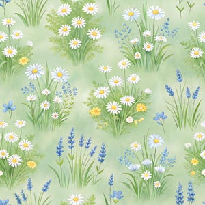 May include: A seamless pattern featuring a watercolor illustration of daisies, bluebells, and other wildflowers. The flowers have white petals and yellow centers, with green foliage and stems. The background is a soft, light green color.