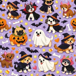 Może przedstawiać: Powtarzający się wzór na jasnofioletowym tle przedstawiający szczenięta w stylu kreskówkowym w różnych kostiumach na Halloween, w tym duchy, czarownice, wampiry i dynie, przeplatane małymi nietoperzami, gwiazdkami, sercami, cukierkami i białymi kośćmi.