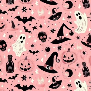 Może przedstawiać: Różowy wzór na Halloween z powtarzającymi się motywami czarnych nietoperzy, kapeluszy czarownic, duchów, dyni, czaszek, gwiazd i butelek z miksturami. Projekt tworzy upiorną i świąteczną estetykę.