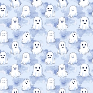 May include: A repeating pattern of white cartoon ghosts with smiling faces on a light blue background with watercolor-style blue clouds. The ghosts are in various poses, creating a playful and whimsical design, perfect for Halloween-themed products.